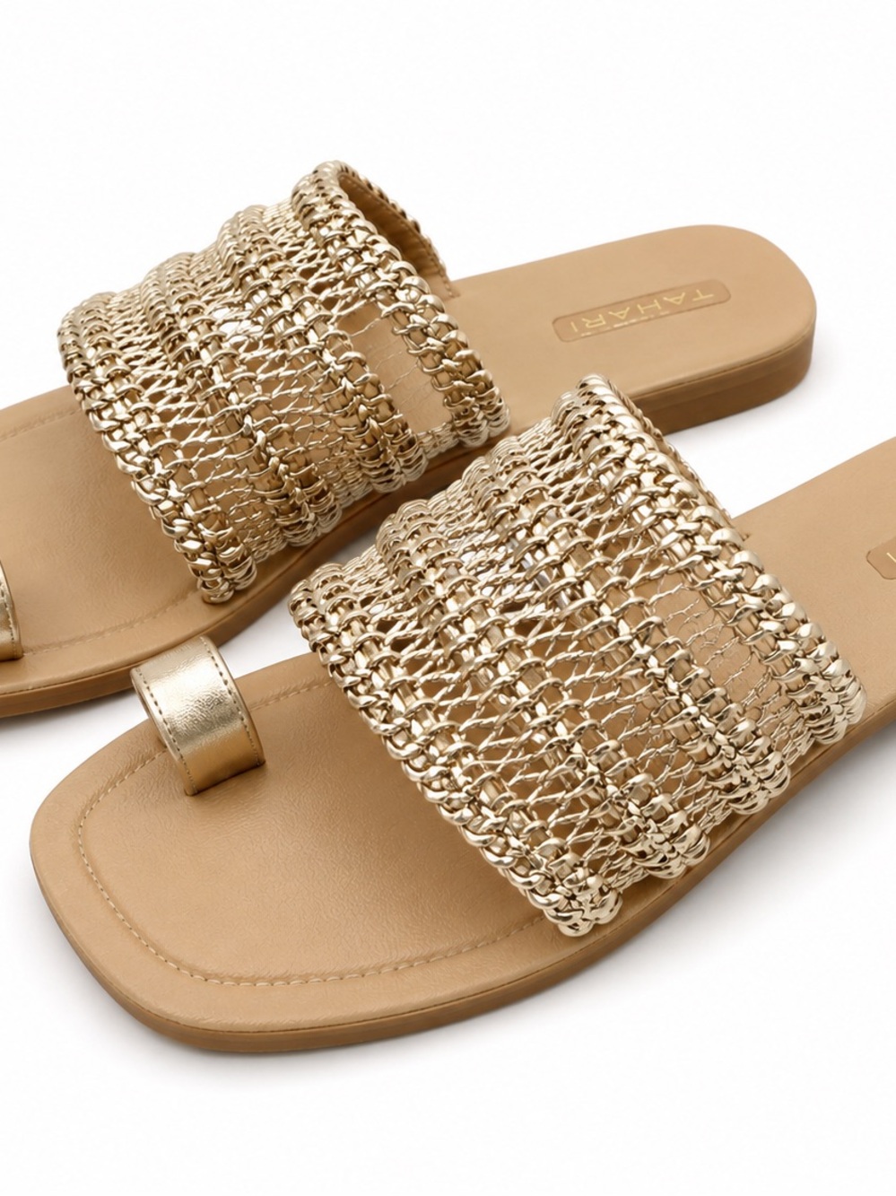 Tahari Gold Woven Toe Ring Sandals Size 5.5